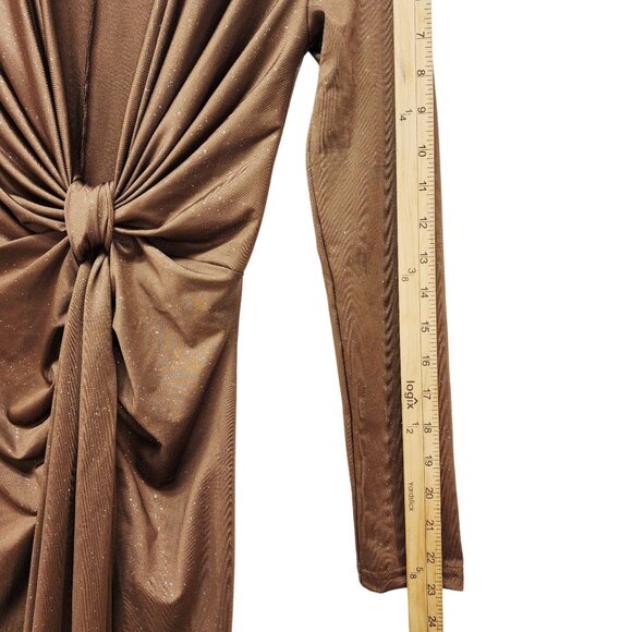 Brown Long-Sleeve Ruched Knot Front Maxi Dress Glitter Accents Deep V Neck SZ M - Picture 10 of 10